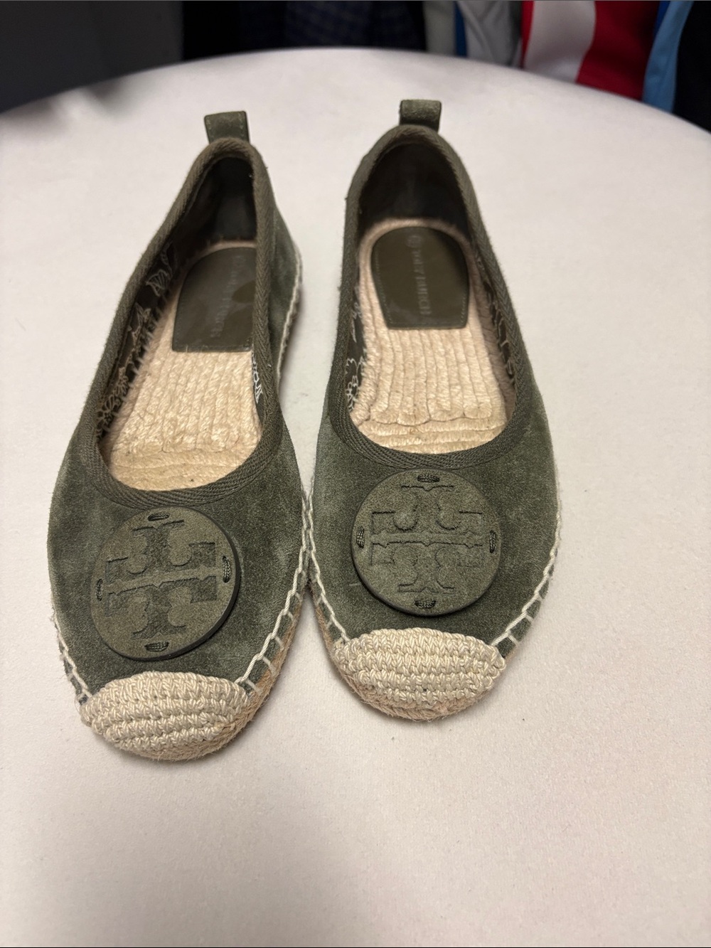 Tory Burch Olive Suede Espadrille Flats with Logo Medallion